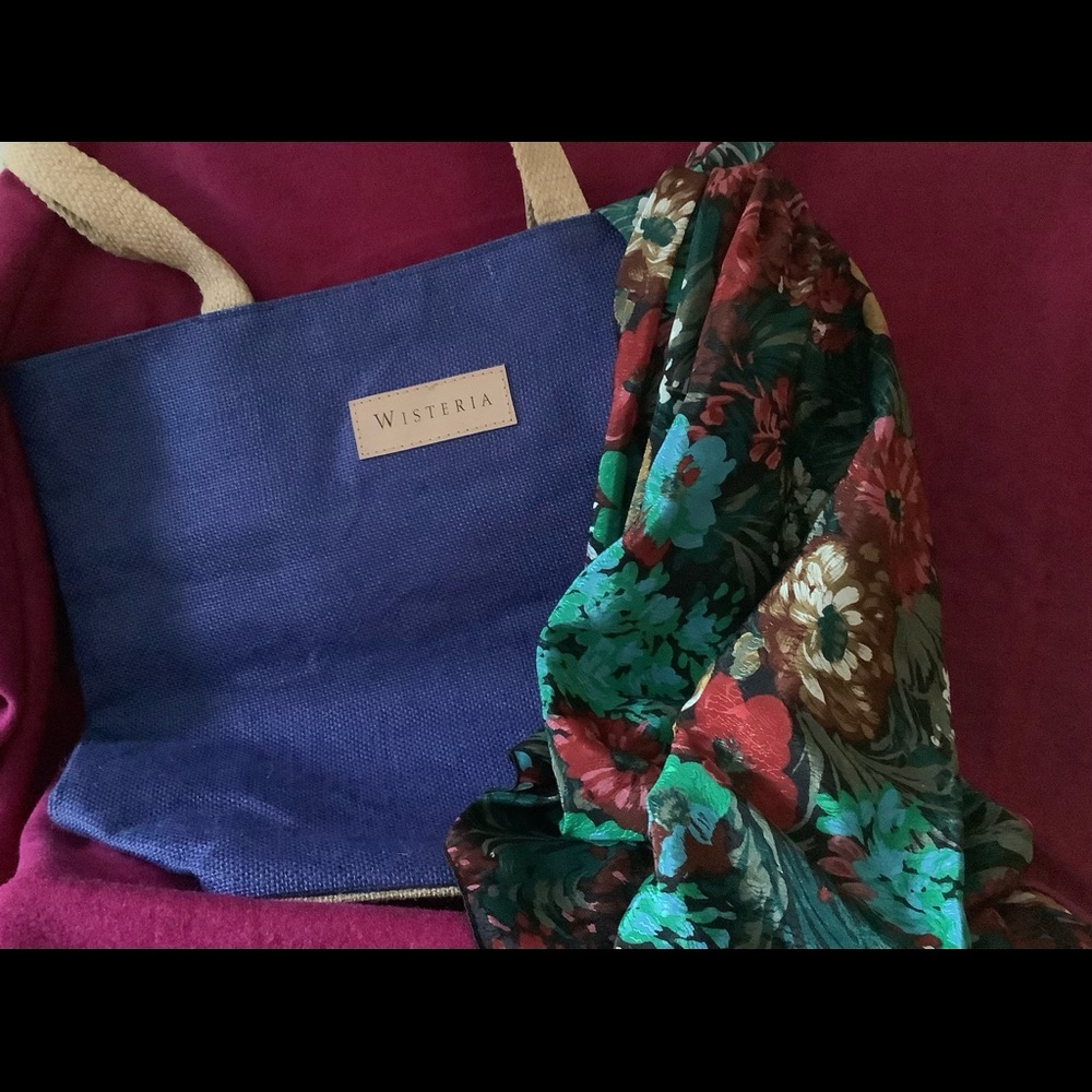 WISTERIA NEW, Royal Blue & Tan Burlap Tote .14”Tx 18”W. (Scarf not included.)
